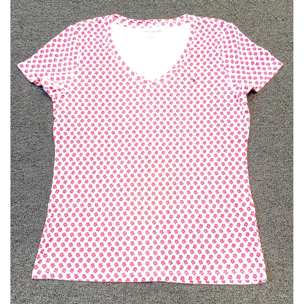 Tommy Hilfiger T-Shirt Womens Large White Red Floral Cap Sleeve V-Neck Everyday